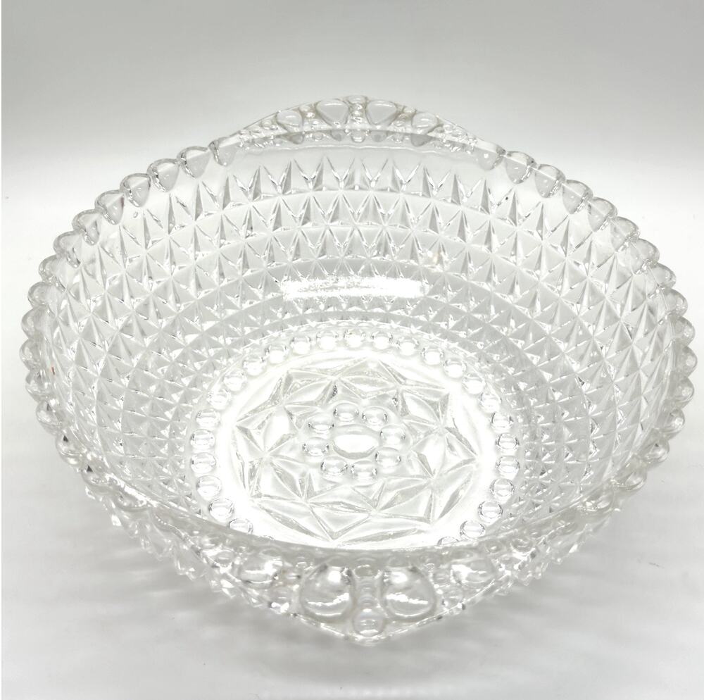 Vintage Hobnail Diamond Star Bowl Pressed Glass Tab Handles Scalloped Edge 10in